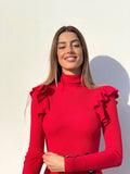 Abito a costine Rosso con Rouches sulle maniche