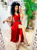 Abito midi raso con maxi spacco rosso