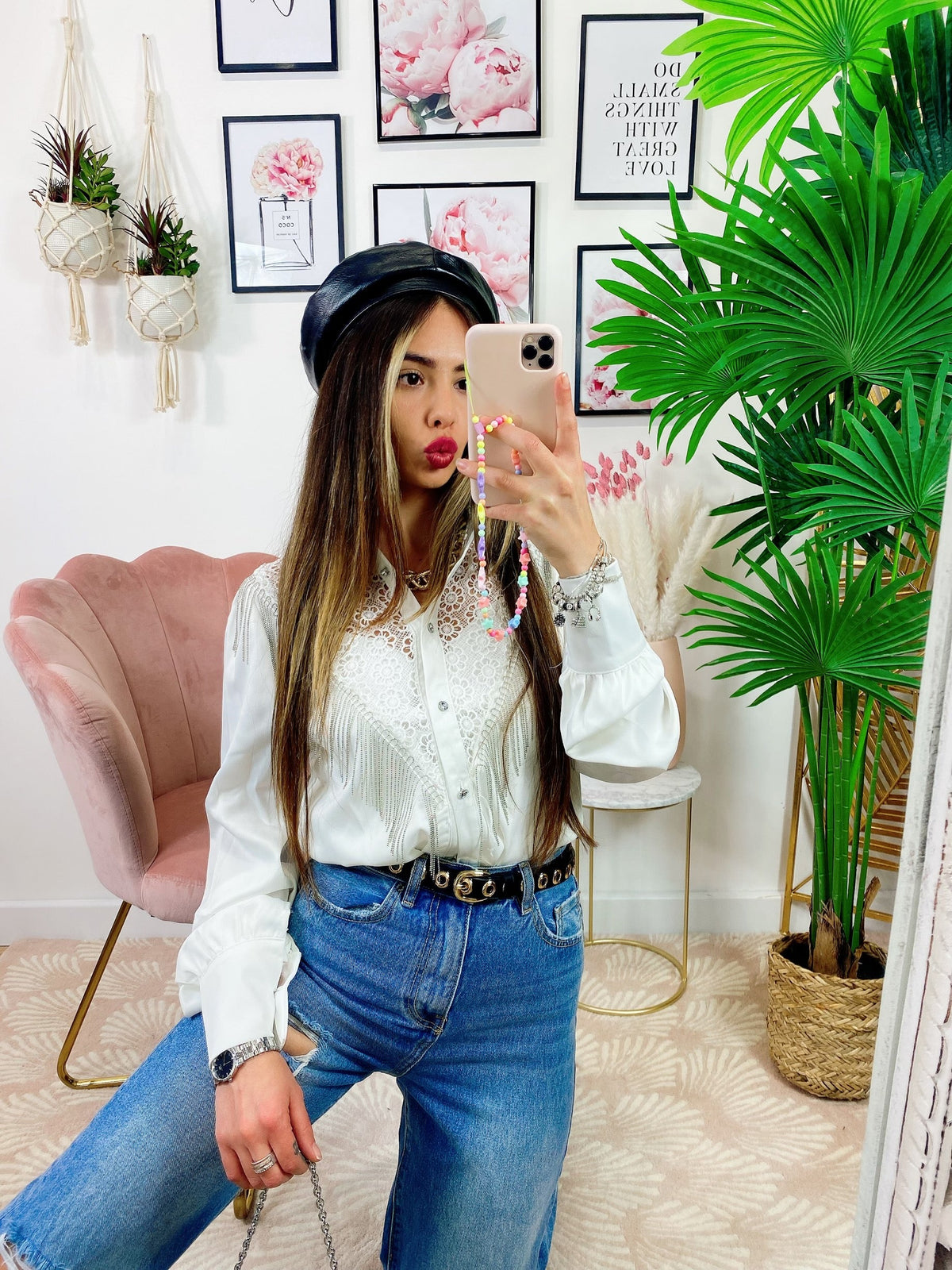 Camicia in raso con frange e strass