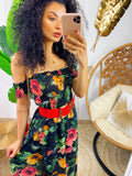 Abito lungo con scollo a barchetta con fiori colorati