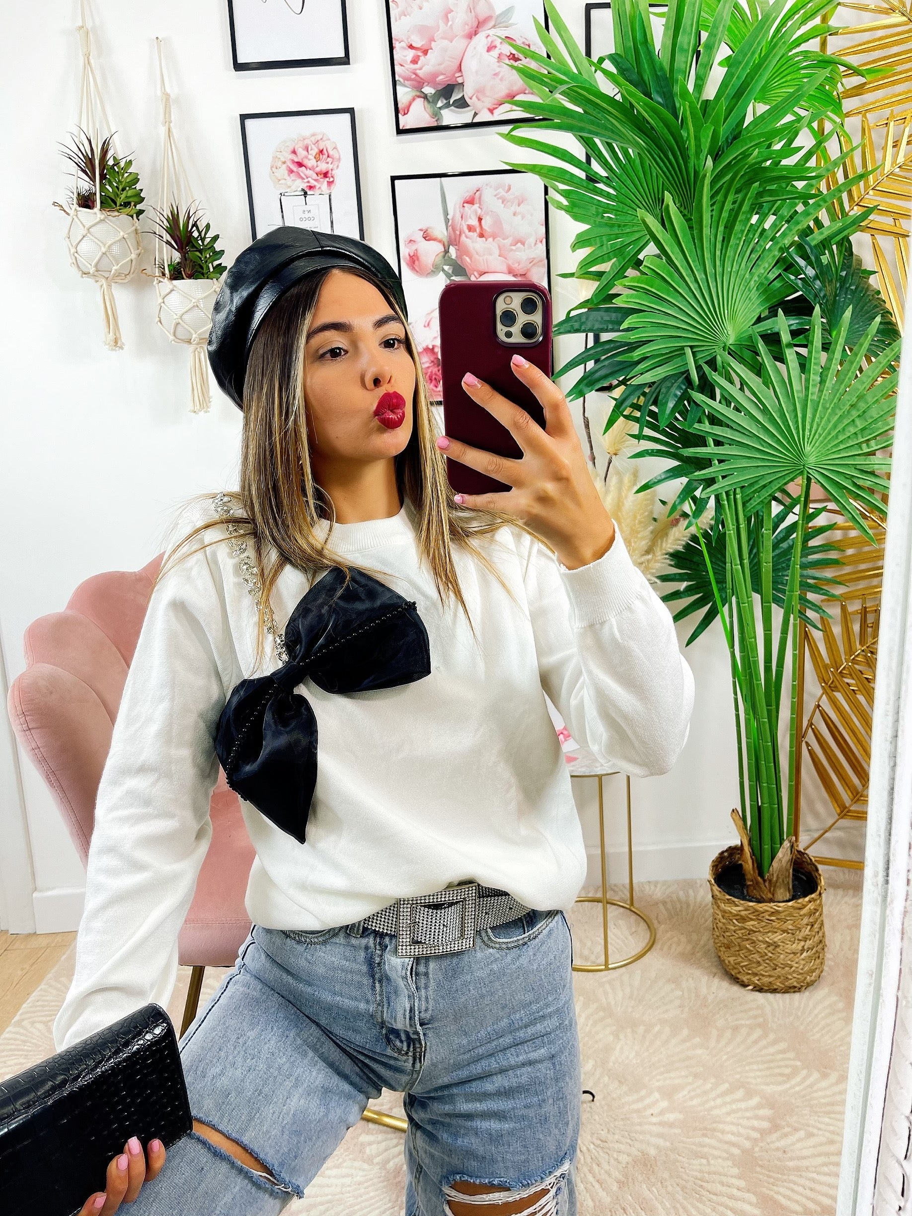 Maglione con fiocco e strass