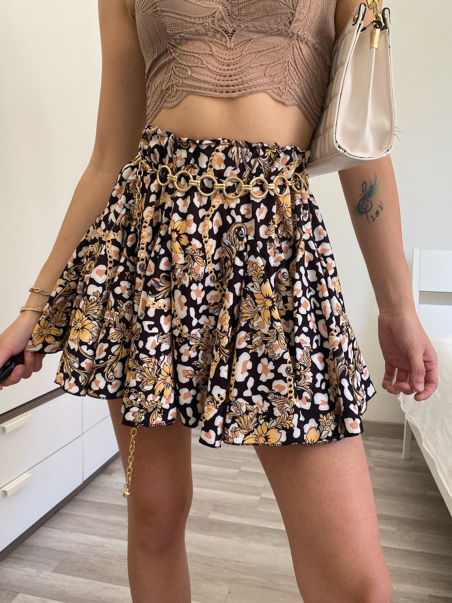 Gonna a ruota animalier nero nude