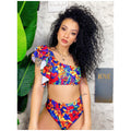 Bikini monospalla con rouge vita alta floreale
