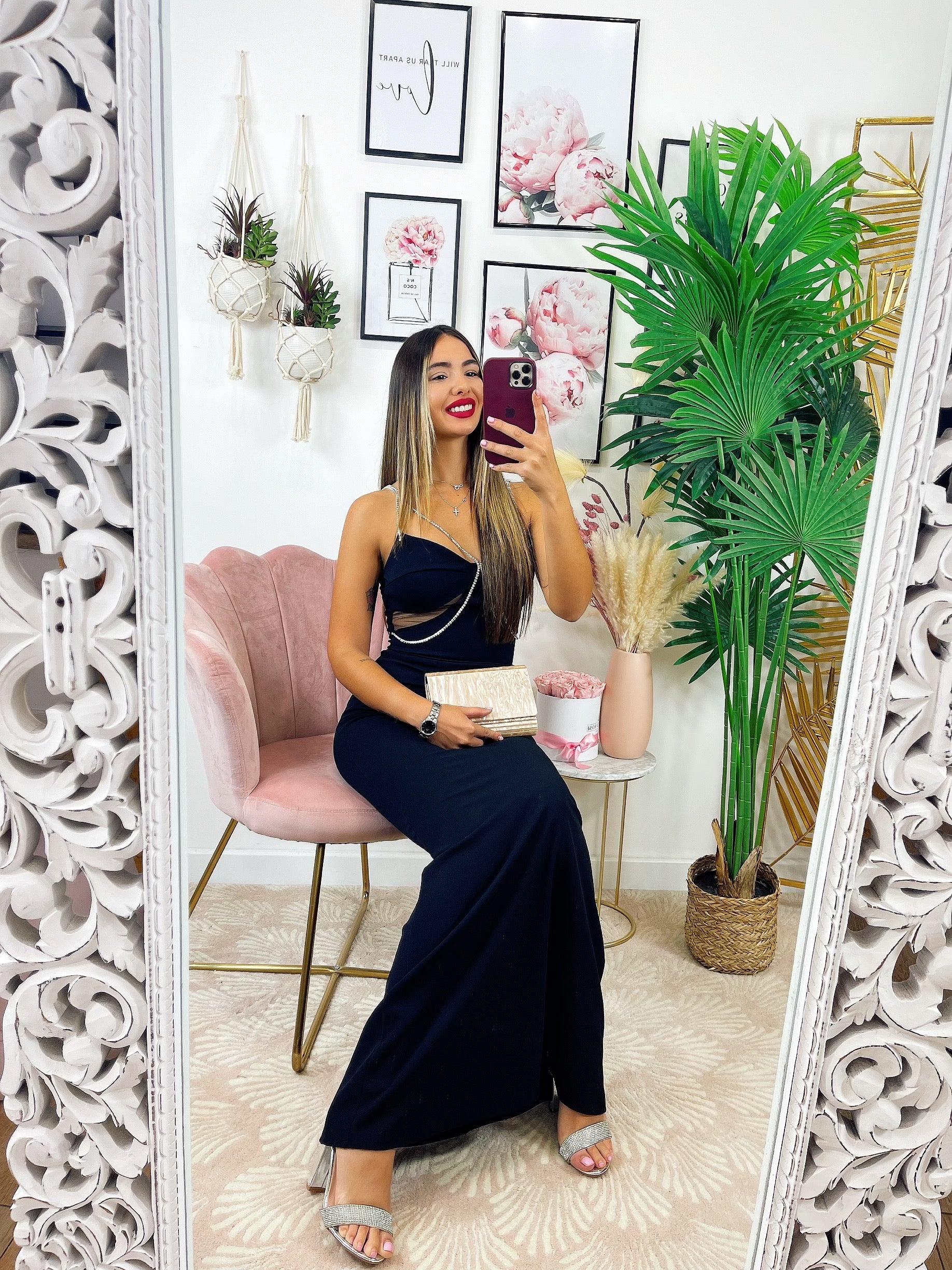 Abito lungo con dettaglio in strass Nero
