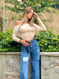 Top beige morbido con scollo