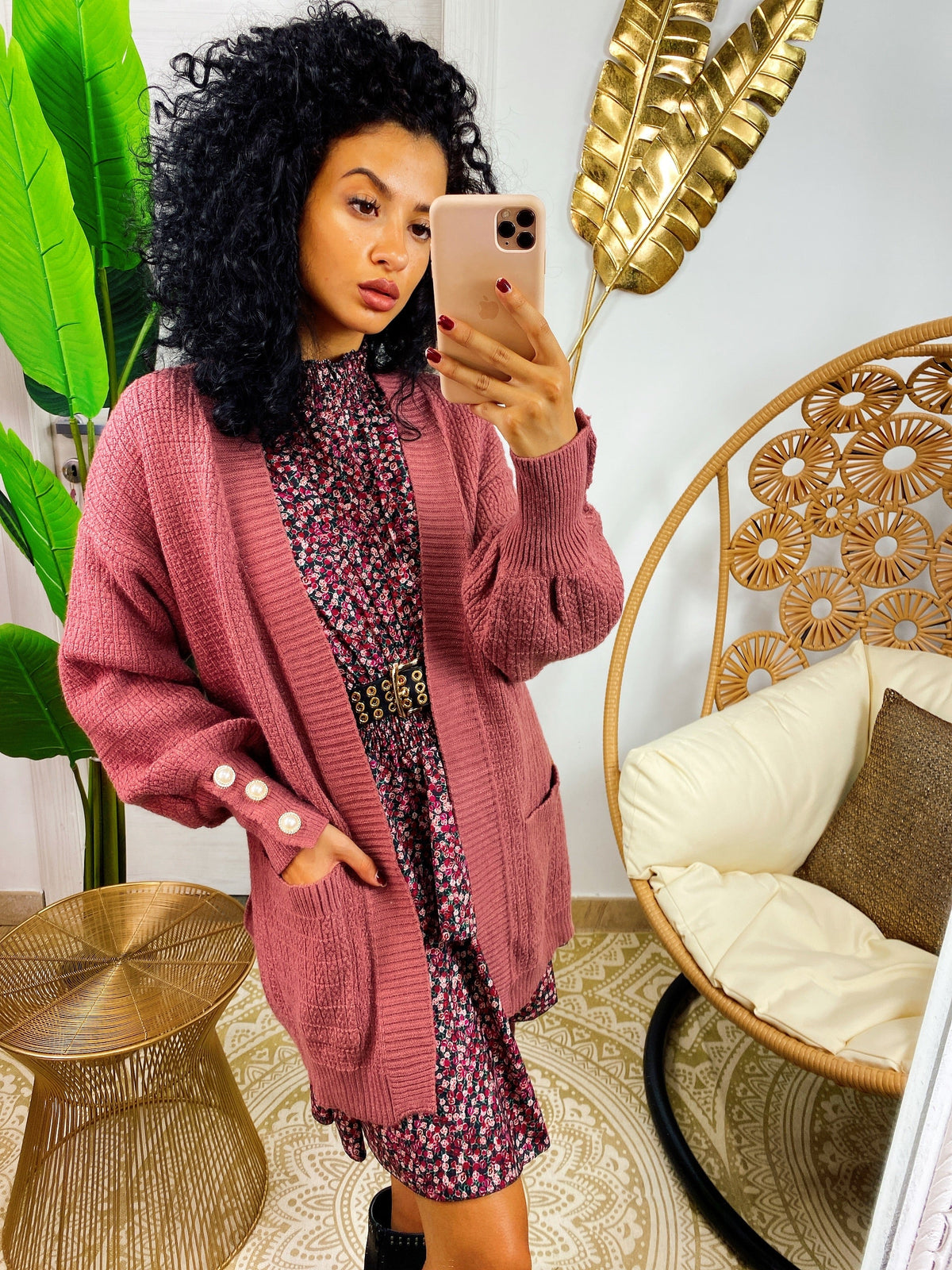 Cardigan manica lunga con perle peonia