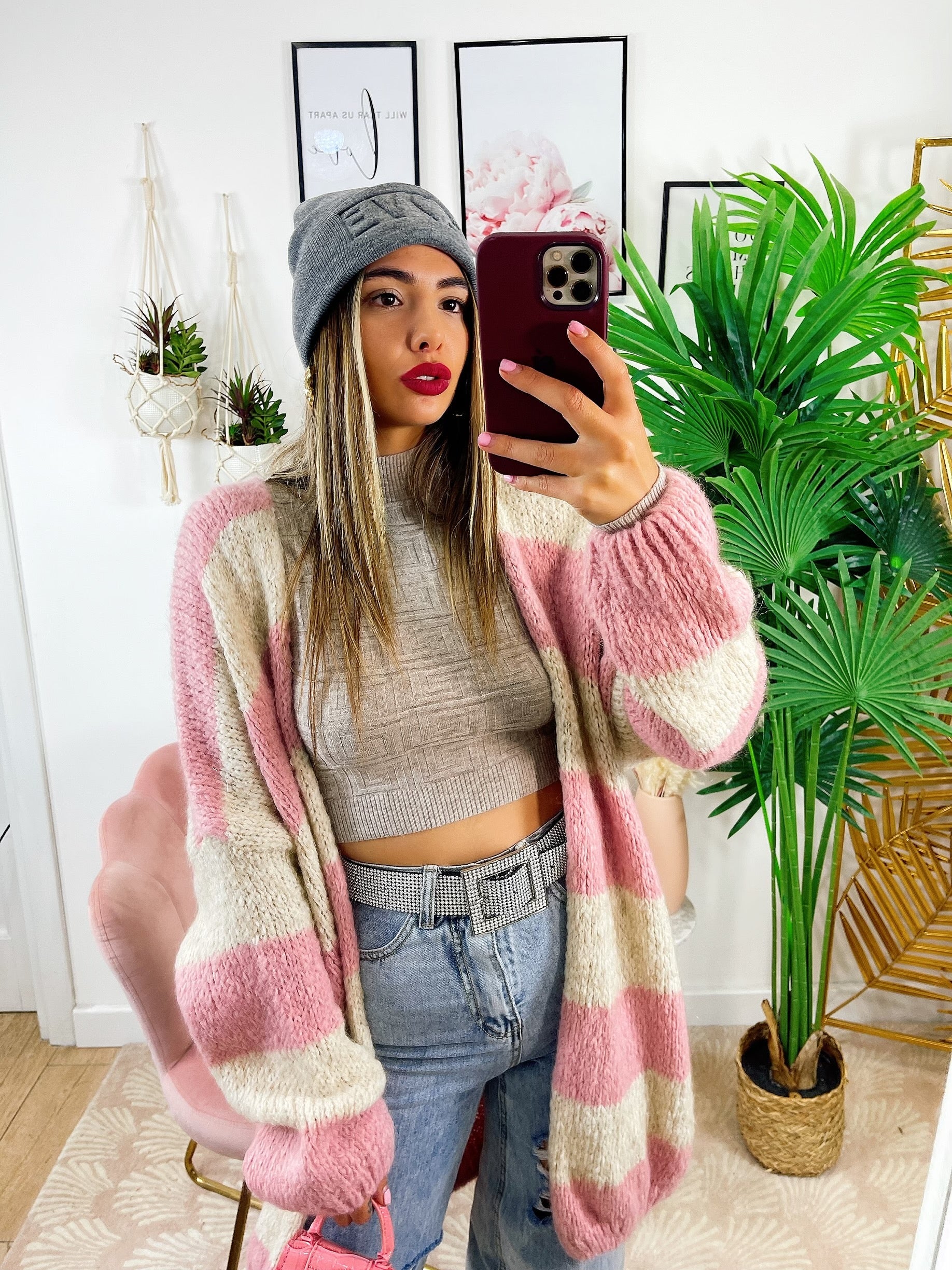 Cardigan morbido a righe rosa