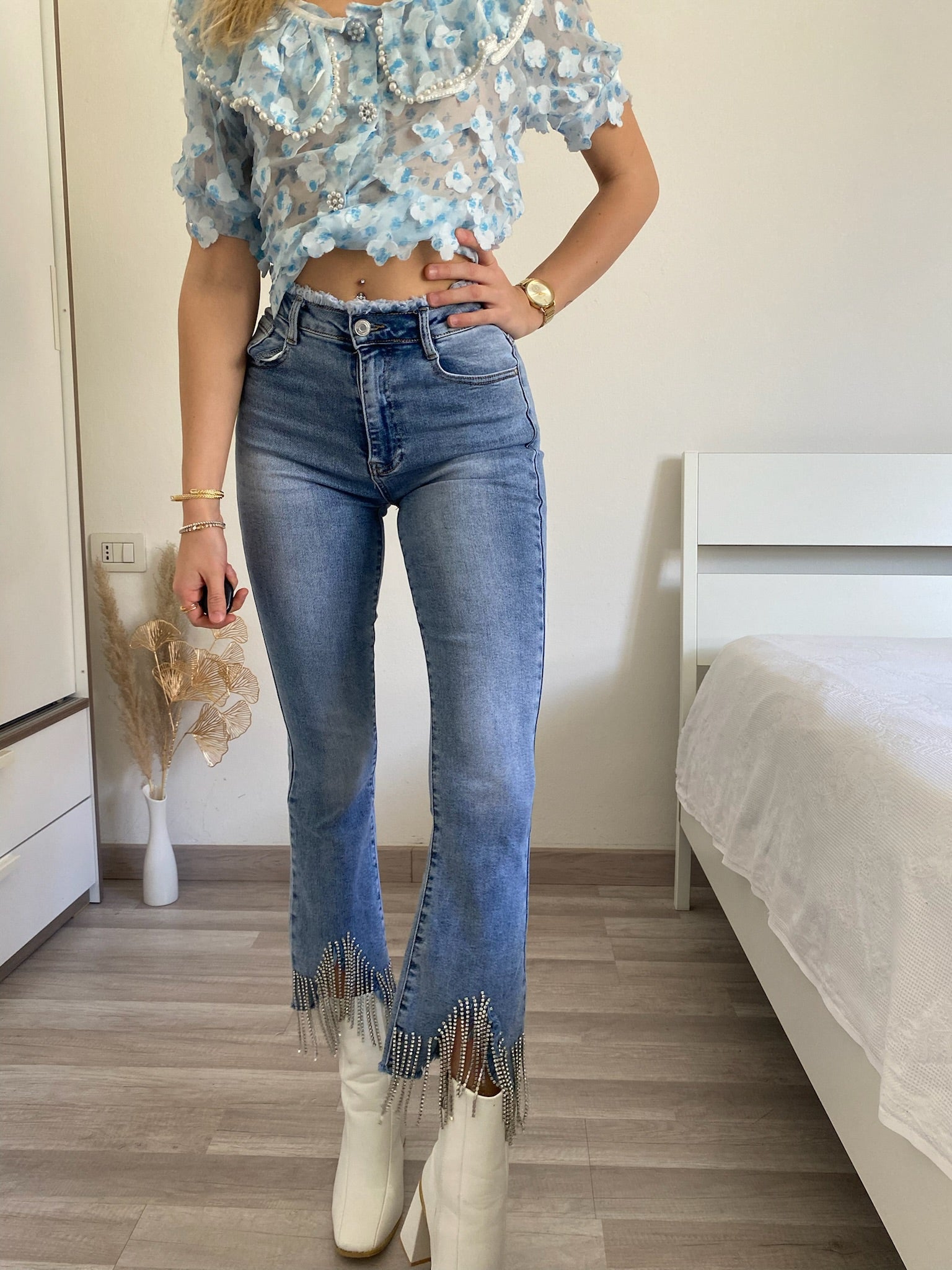 Jeans con frange argento