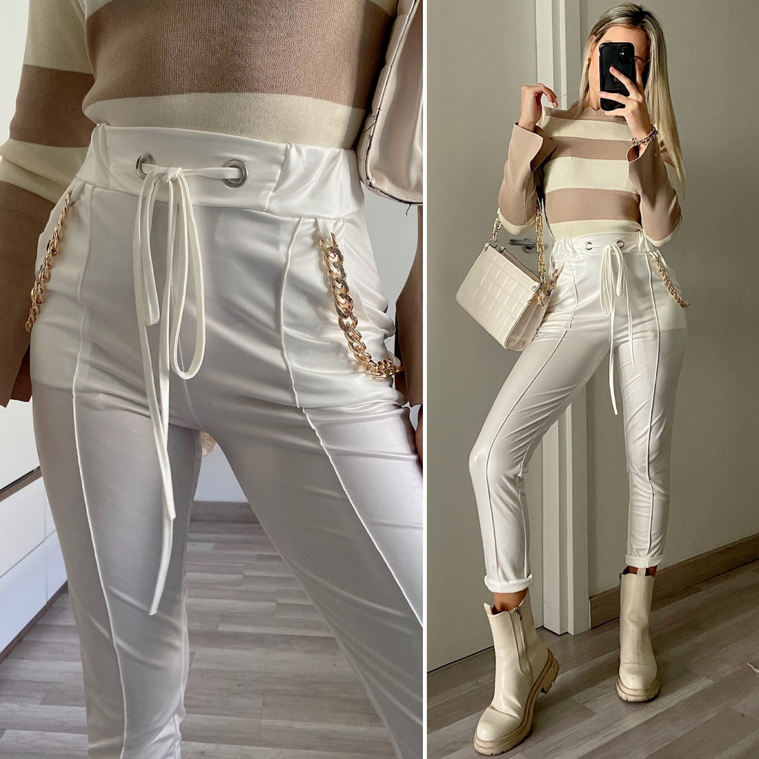 Leggins in eco-pelle con catene bianco