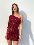 Abito con paillettes monospalla Bordeaux