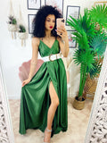 Abito in raso con maxi spacco verde