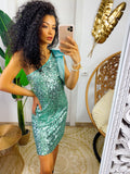Abito con paillettes verde acqua monospalla con fiocco