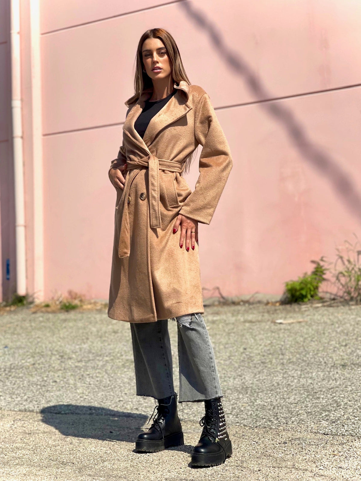 Cappotto lungo Camel con cintura