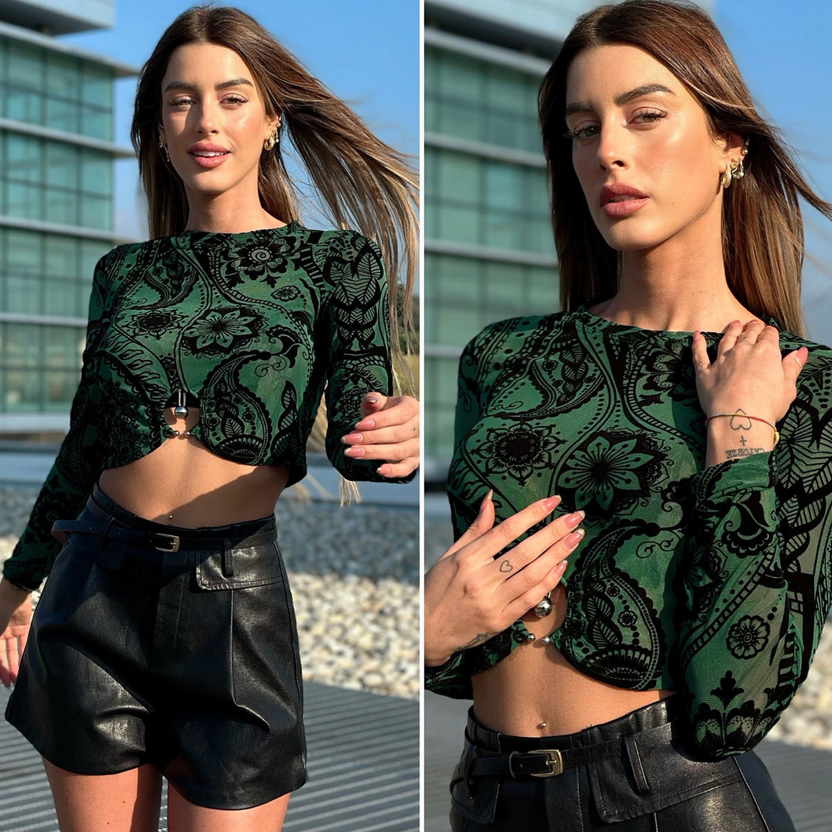 Top verde ricami nero