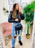 Bomber crop in ecopelle Nero
