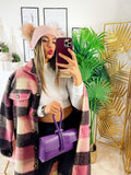 Maxi camicione a quadri nero e rosa