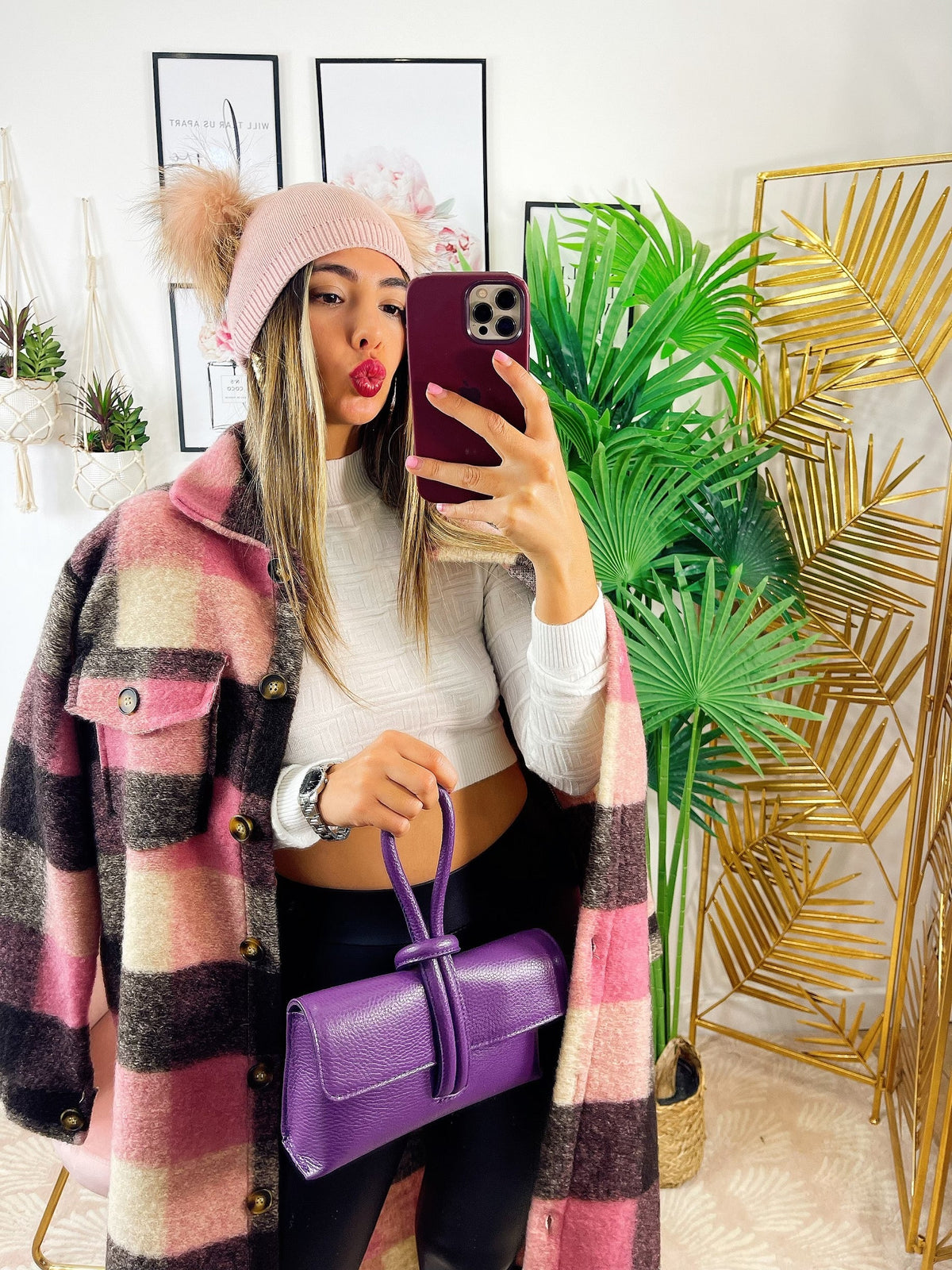 Maxi camicione a quadri nero e rosa