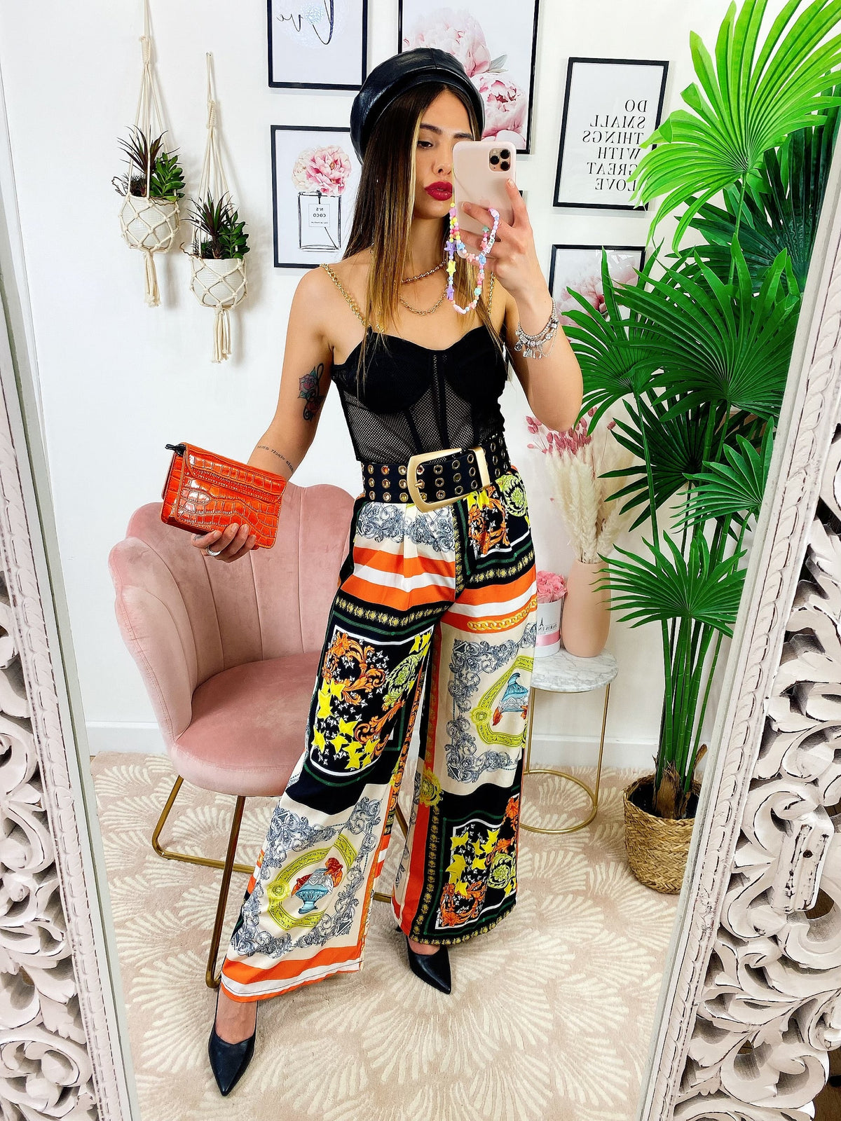 Pantalone a zampa stampa etnica Base Arancio