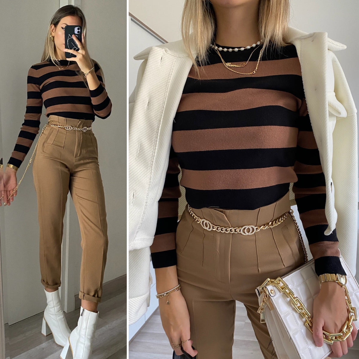 Maglioncino a righe Nero Camel