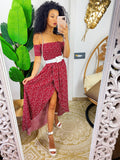 Abito lungo con scollo a barchetta con pois bordeaux