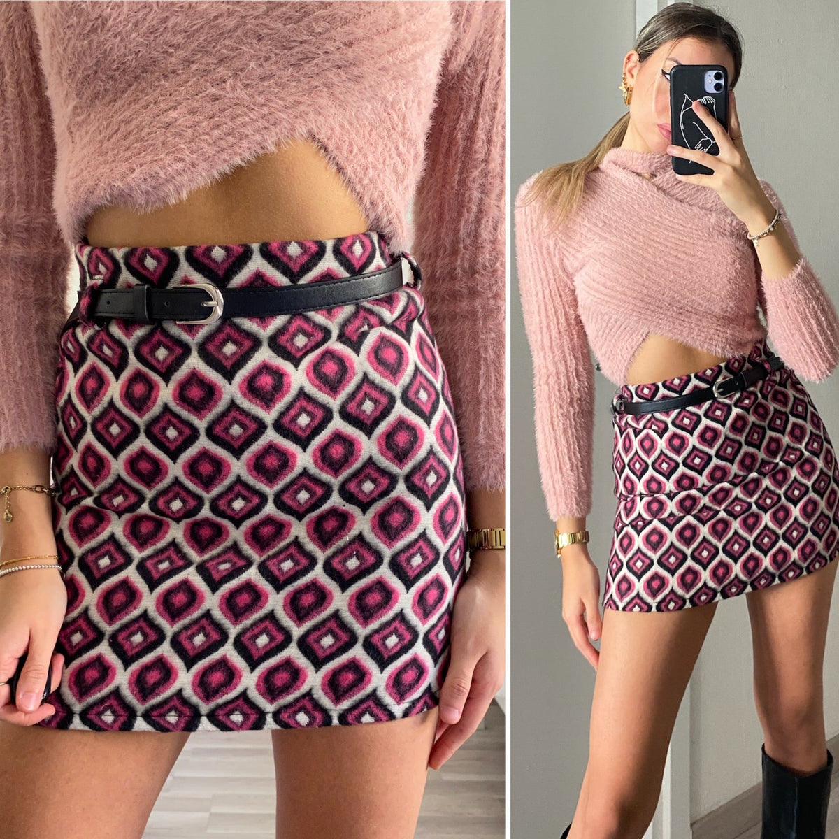 Gonna in tweed Fuxia a rombi