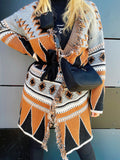 Cardigan camel con frange e cinta