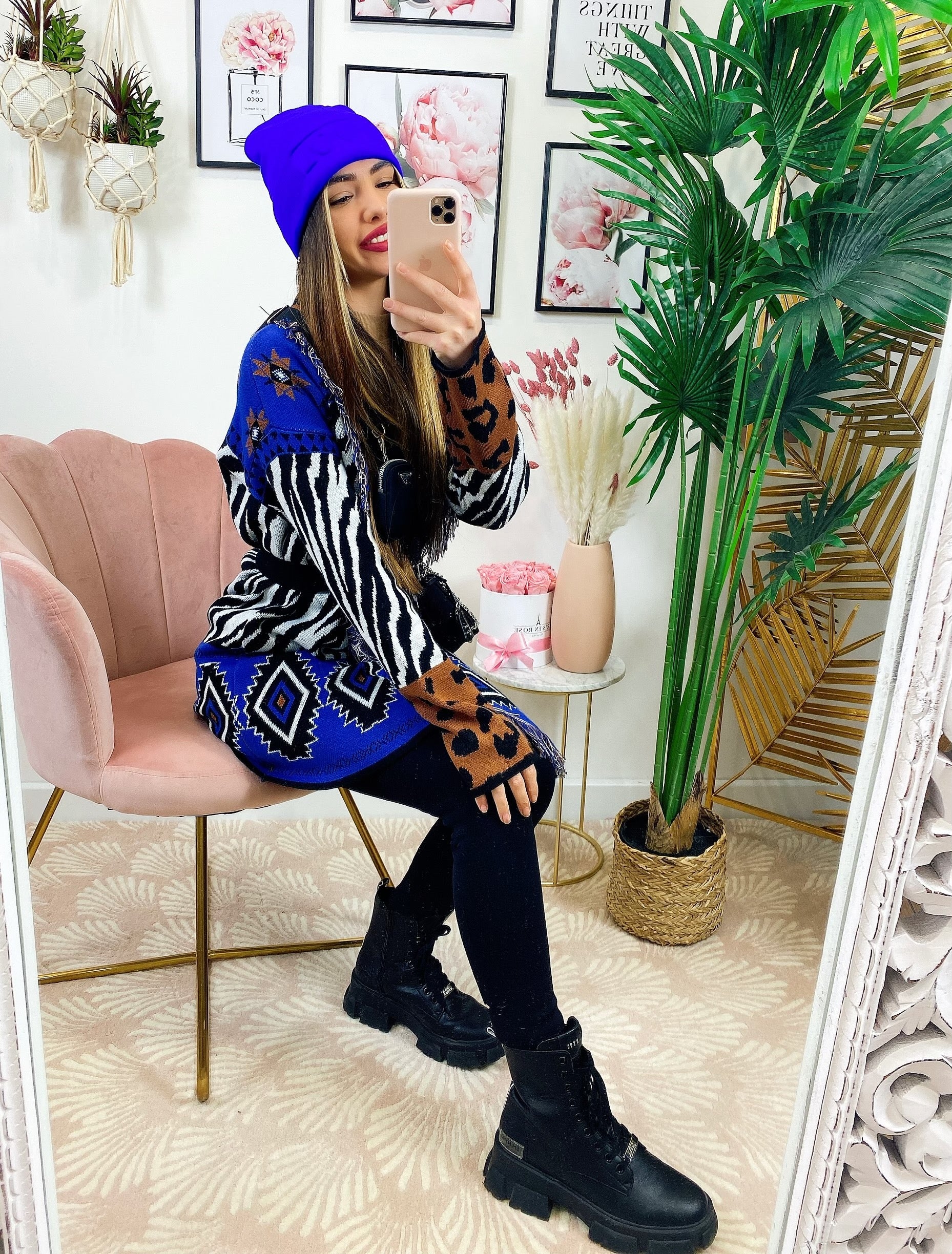 Cardigan Zebrato con frange e cinta in Blu