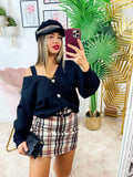 Cardigan con bottoni gioiello e spalle scoperte Nero