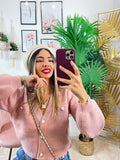 Maglione con bottoni gioiello a cuore rosa