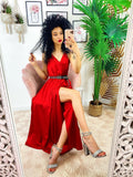 Abito midi raso con maxi spacco rosso