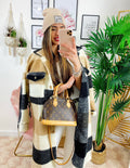 Giacca a quadri Beige nero lunga con frange