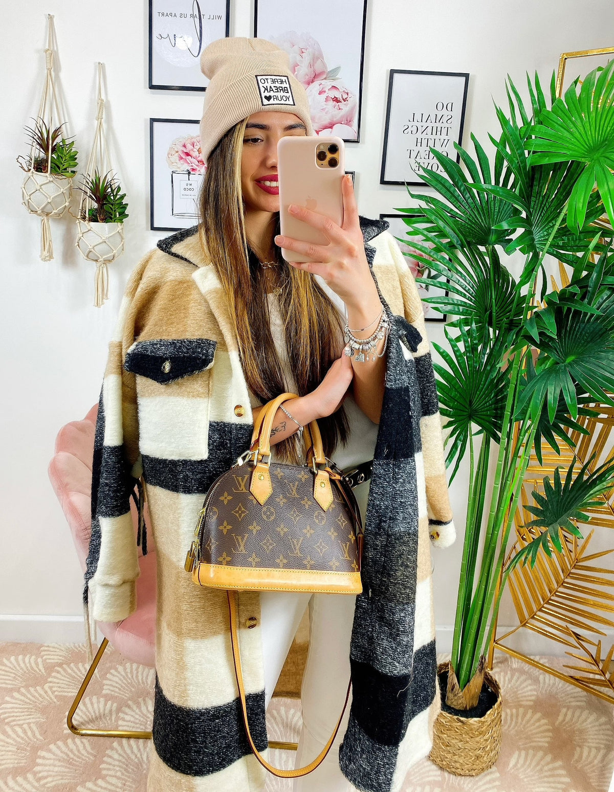 Giacca a quadri Beige nero lunga con frange