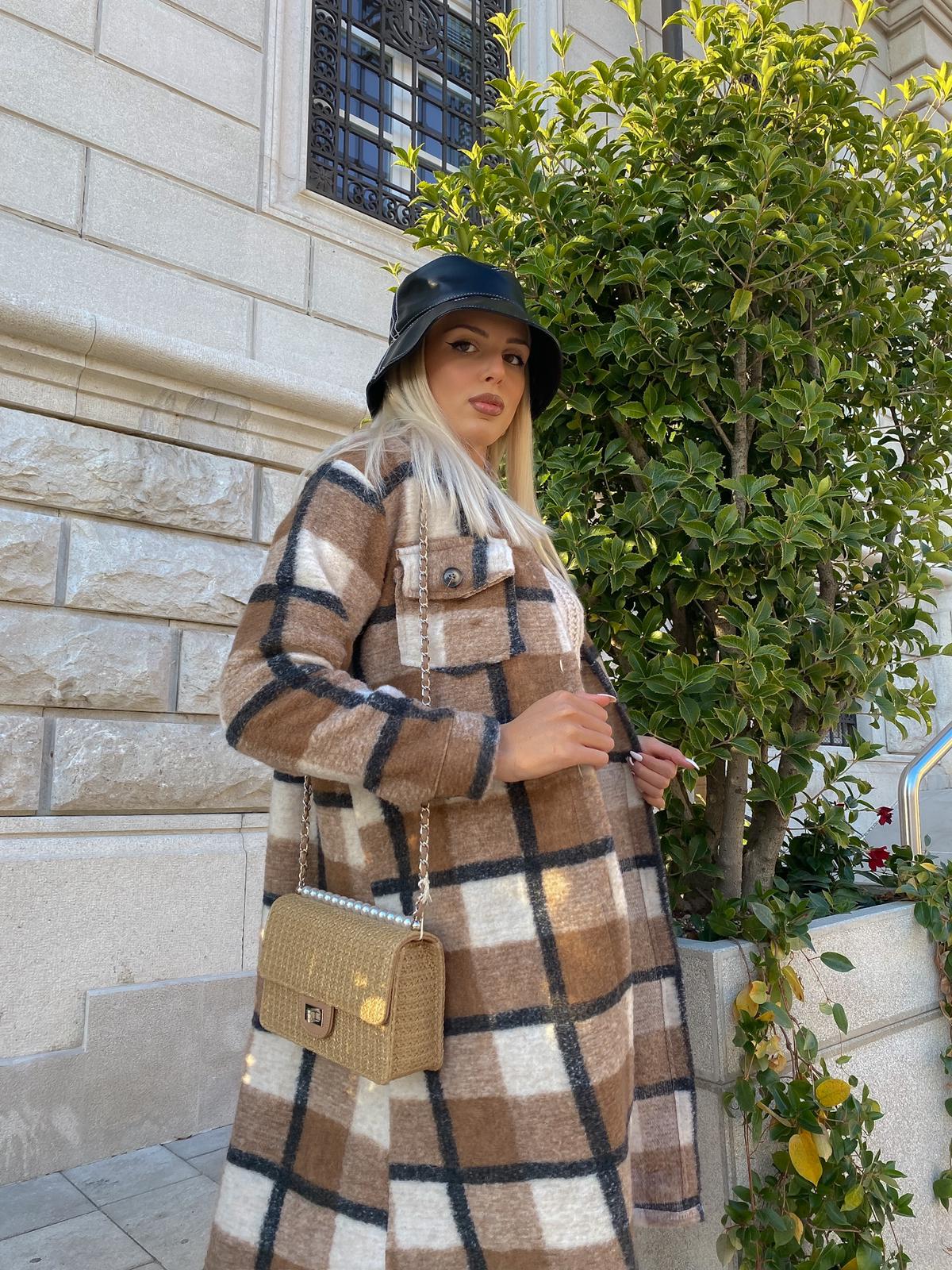 Giacca a quadri lunga Camel Nera