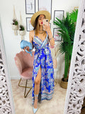Abito maxi spacco fantasia blu