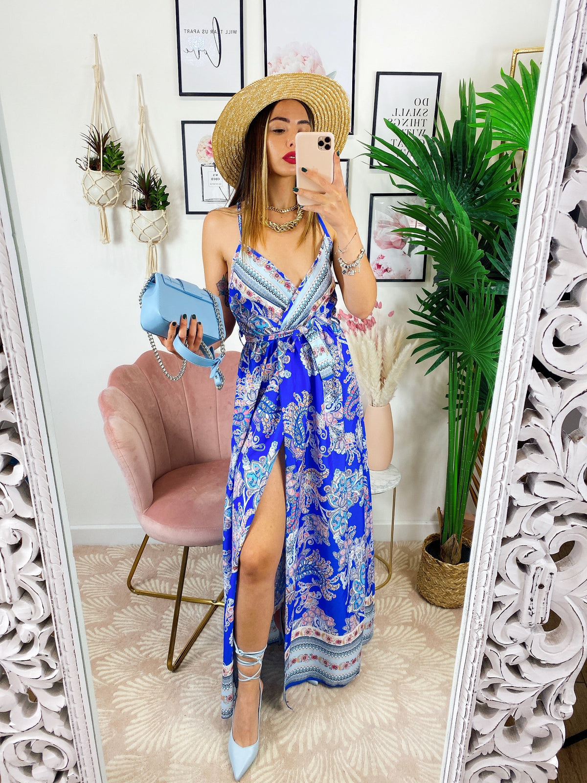 Abito maxi spacco fantasia blu