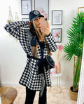 Cardigan Pied de poule con frange e cinta