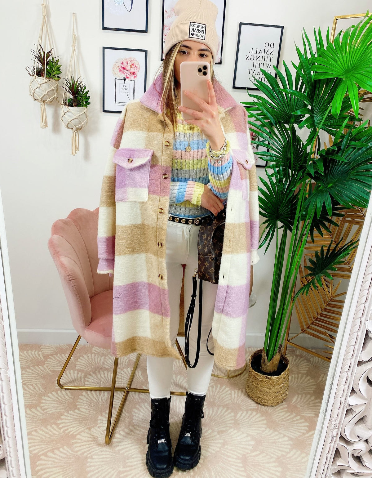 Giacca a quadri lilla/beige lunga con frange