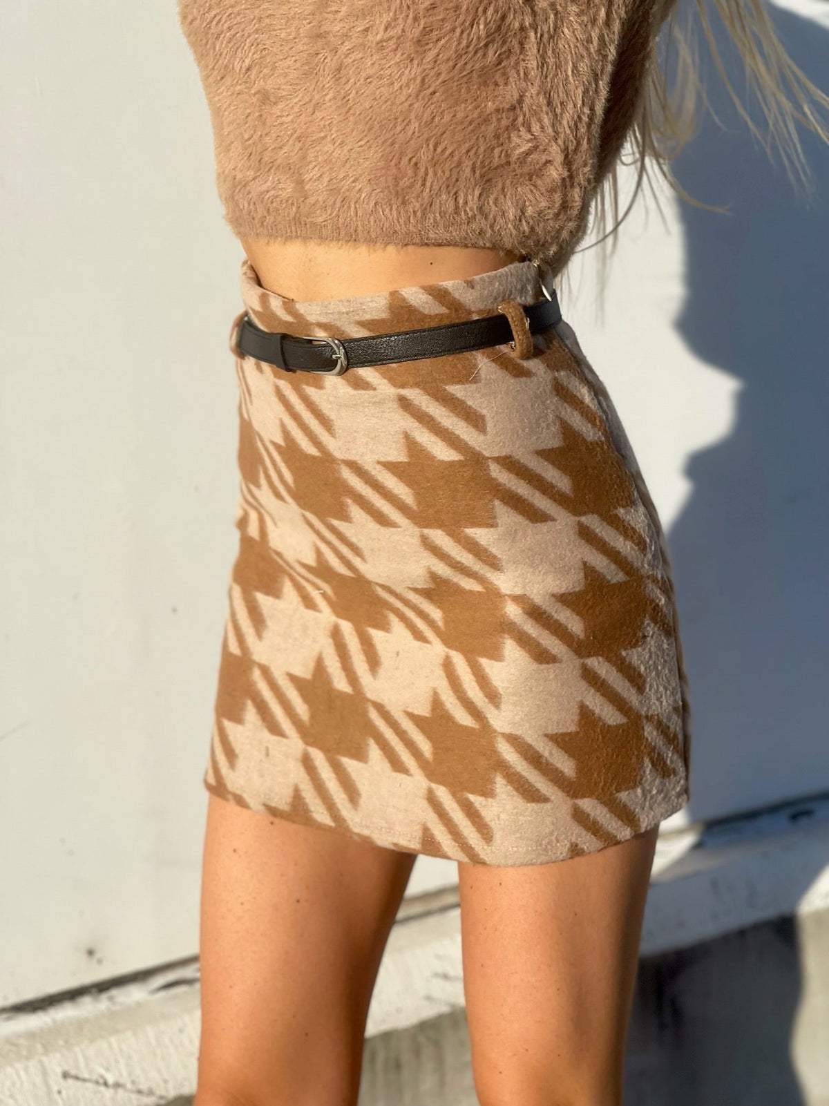 Gonna in tweed pied de poule beige