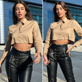 Camicia crop beige con taschino