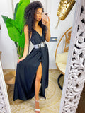 Abito in raso con maxi spacco nero