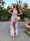 Abito con spacco fiori lilla