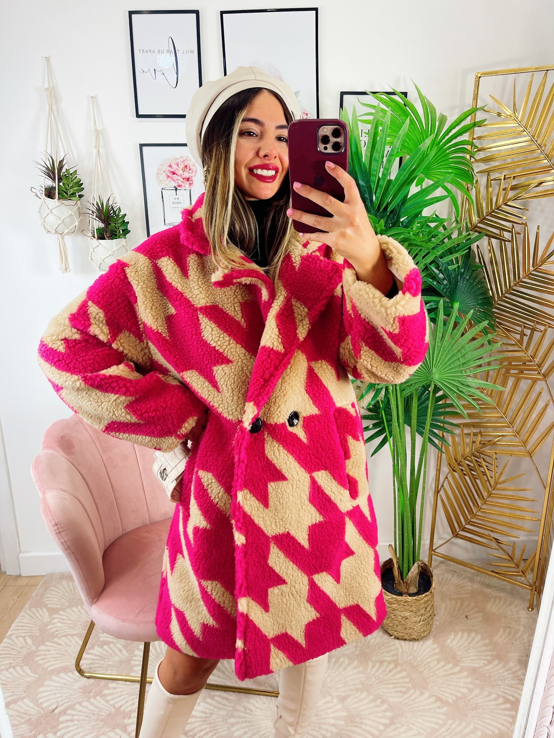 Cappotto pied de poule dettaglio fucsia