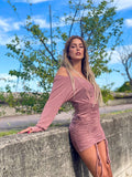 Abito glitter arricciato rosa cipria