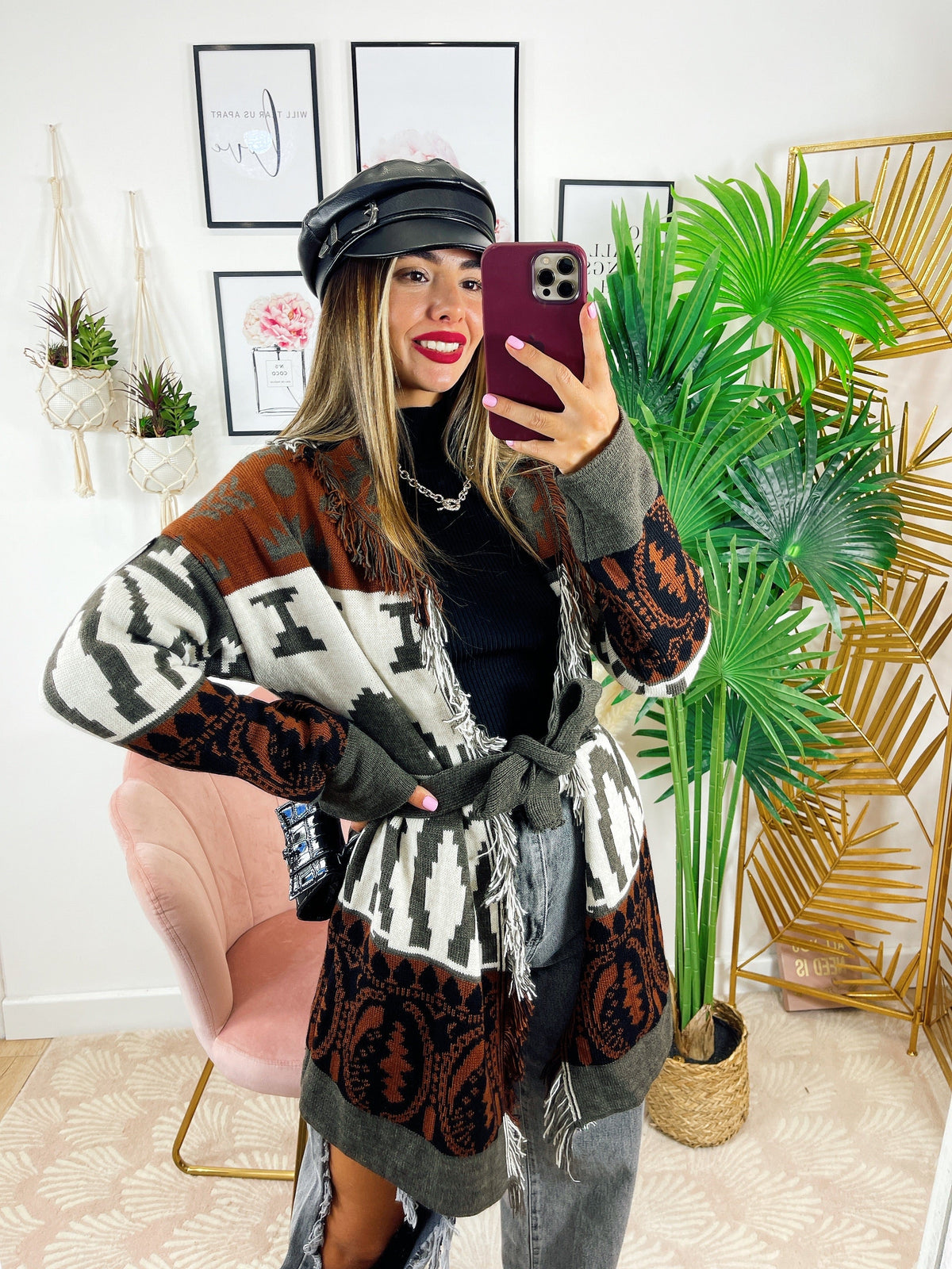 Cardigan con frange e cinta dettaglio Camel
