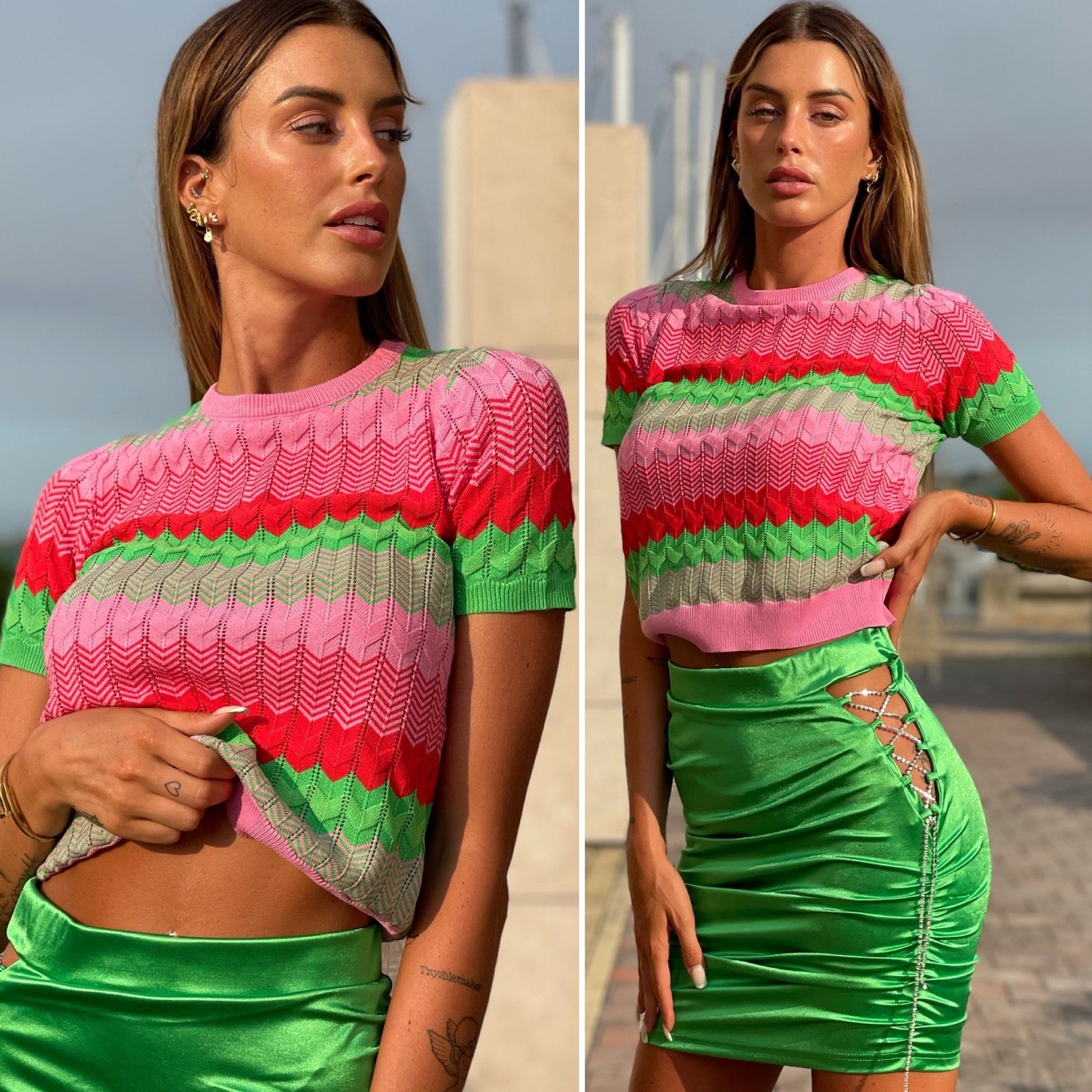 Maglia rosa e verde con cuori