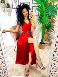 Abito midi raso con maxi spacco rosso