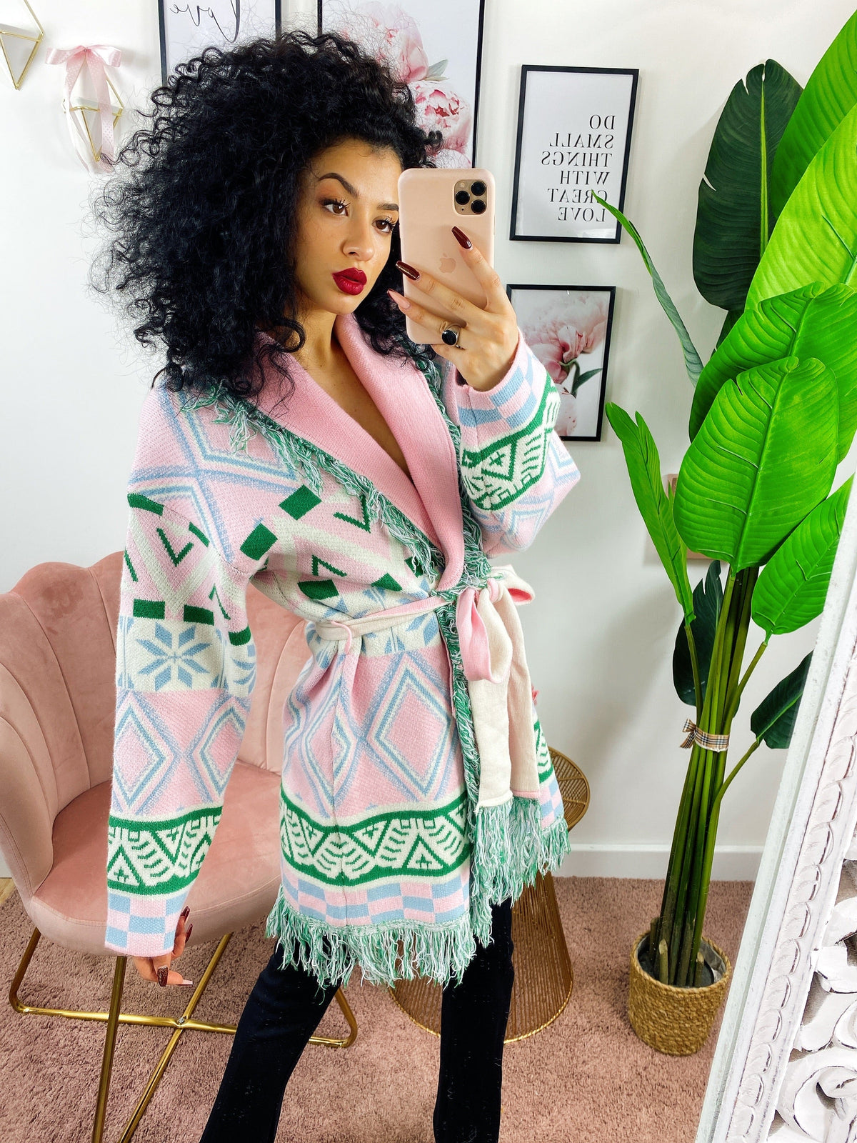 Cardigan frange e cinta rosa e verde