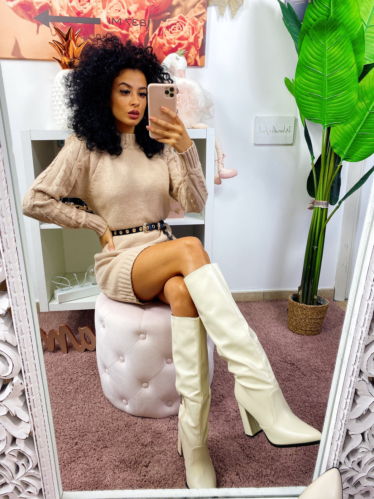Abito in maglia con trecce e spalline Beige
