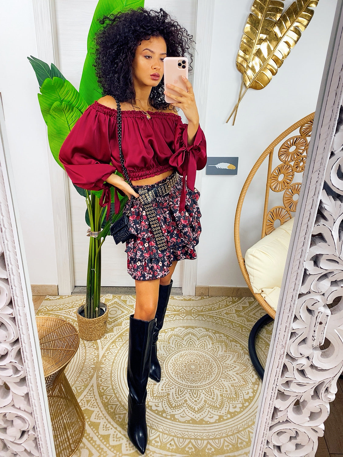 Top in raso manica lunga bordeaux