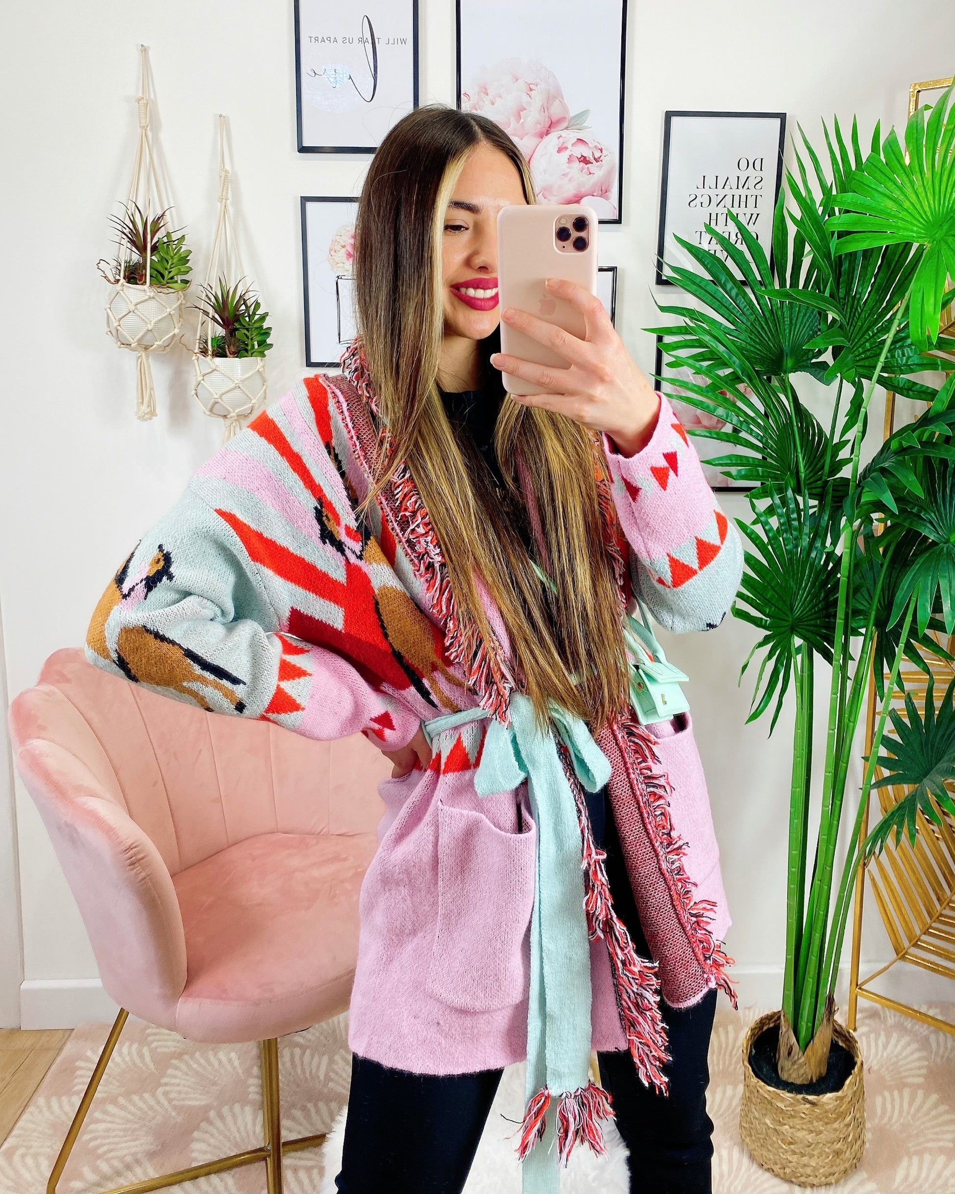 Cardigan con frange stampa cavallo Rosa